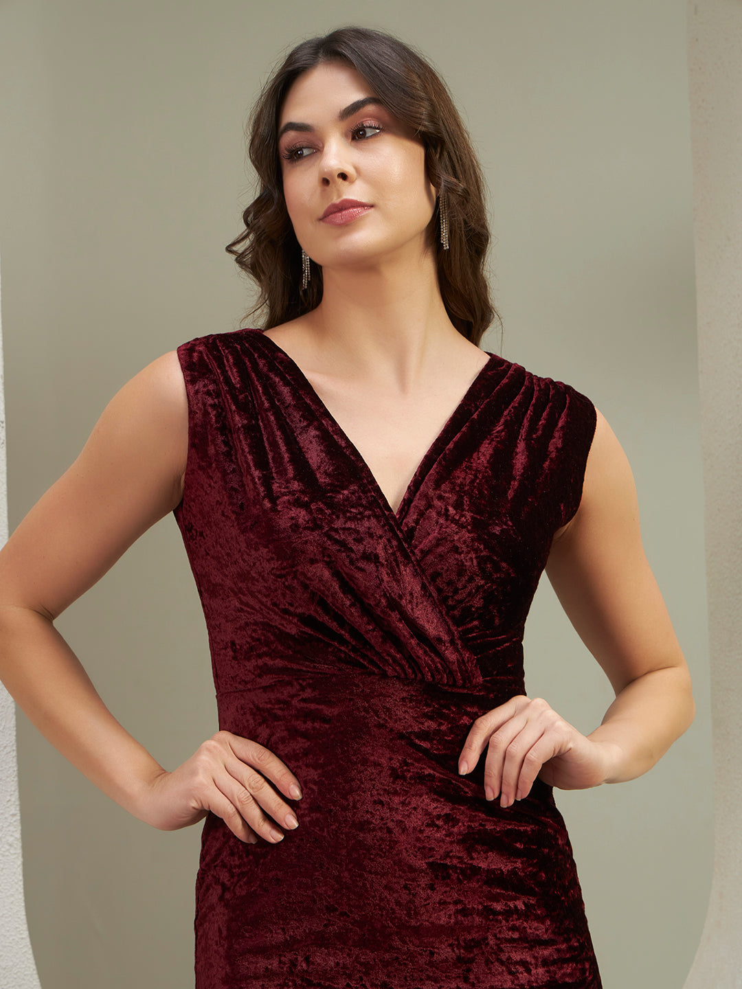 Wine Crushed Velvet Wrap Neck Bodycon Midi Dress for Women