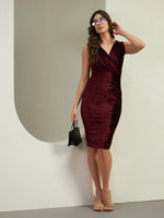 Wine Crushed Velvet Wrap Neck Bodycon Midi Dress for Women