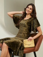 Olive Green Crushed Velvet Mermaid Midi Dress