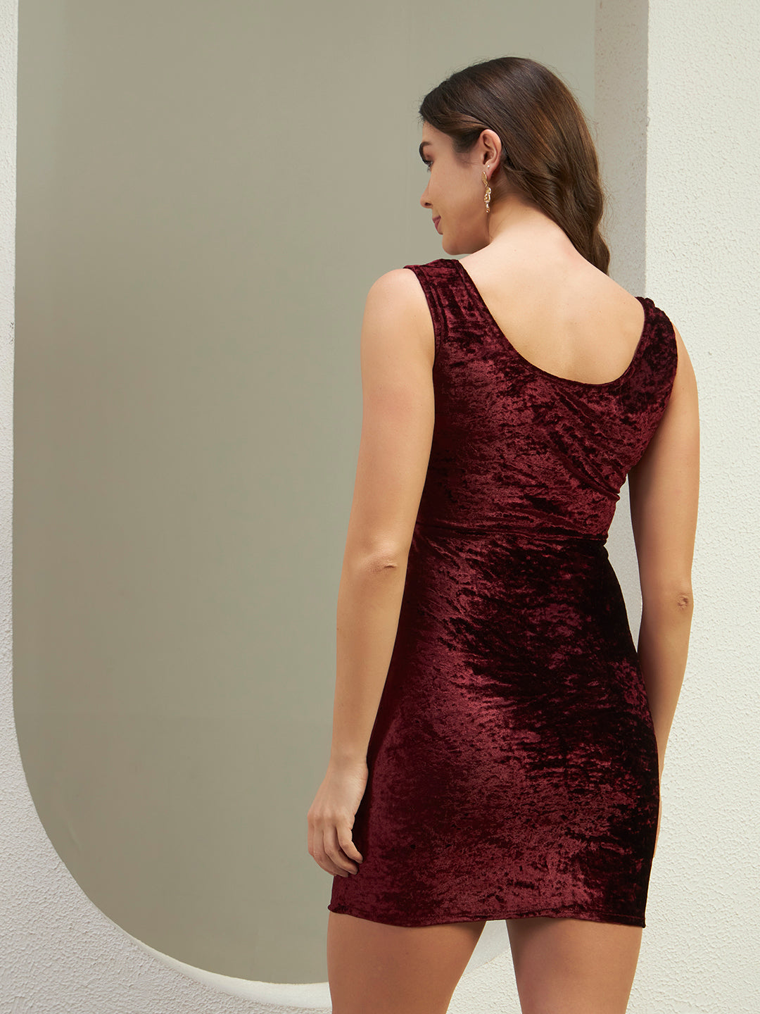 Wine Crushed Velvet Bodycon Mini Dress for Women