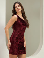 Wine Crushed Velvet Bodycon Mini Dress for Women