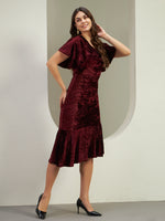 Women's Wine Crushed Velvet Midi Dress with Flutter Sleeves & Asymmetric Flounce Hem
