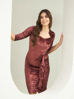 Radiant in Wine: The Crushed Velvet Ruffle Midi Dress