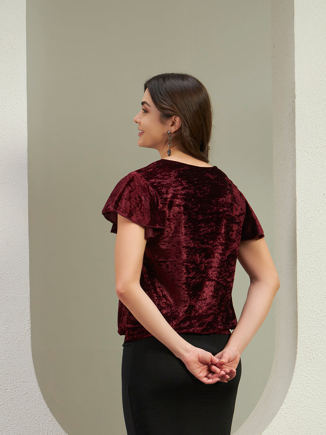 Luxe Wine Red Crushed Velvet Flutter Sleeve Top