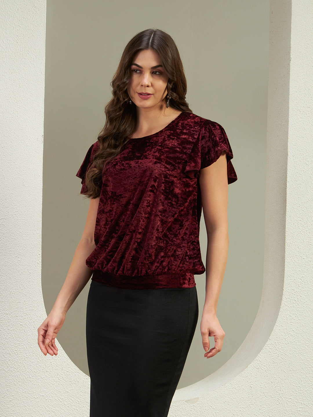 Luxe Wine Red Crushed Velvet Flutter Sleeve Top
