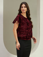 Luxe Wine Red Crushed Velvet Flutter Sleeve Top