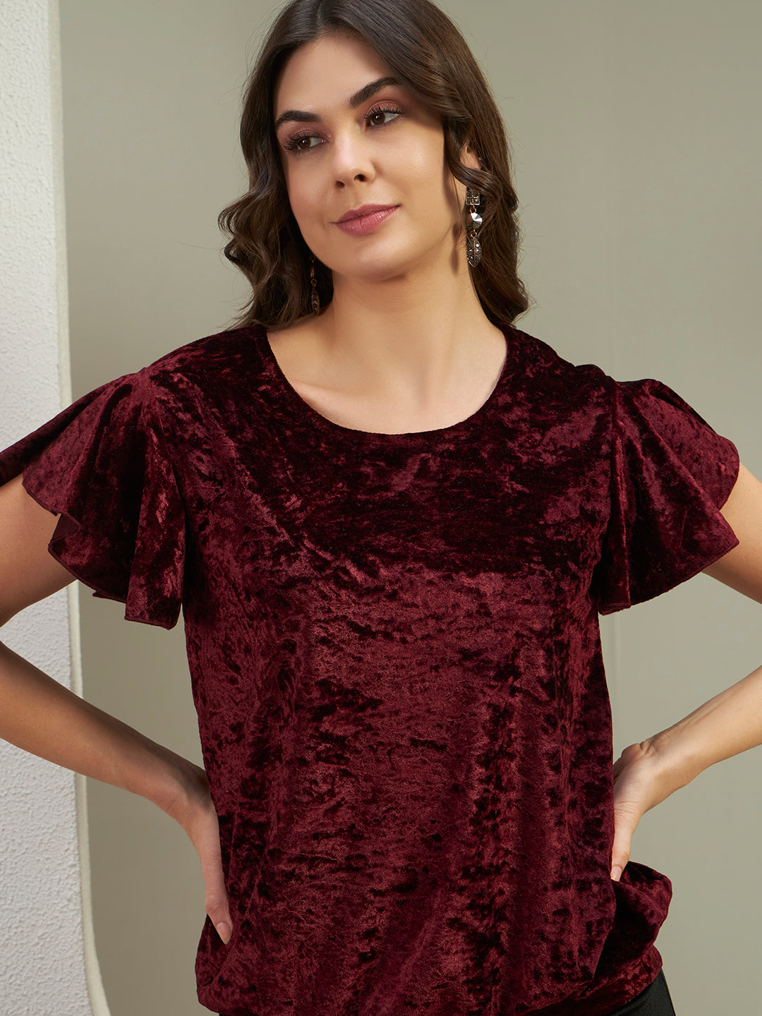Luxe Wine Red Crushed Velvet Flutter Sleeve Top