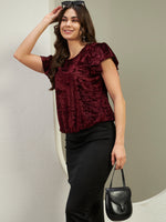 Luxe Wine Red Crushed Velvet Flutter Sleeve Top