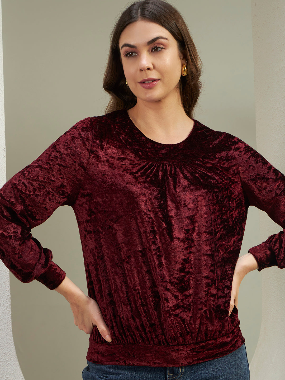 Luxe Wine Crushed Velvet Gathered Top