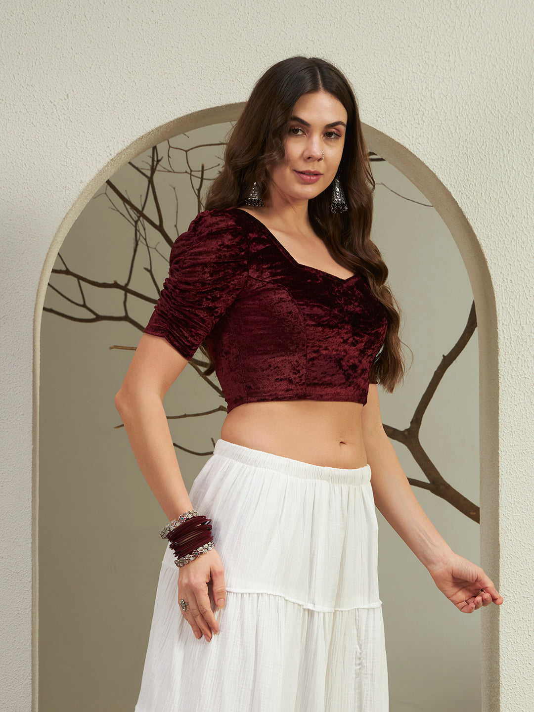 Deep Wine Crushed Velvet Square Neck Crop Blouse