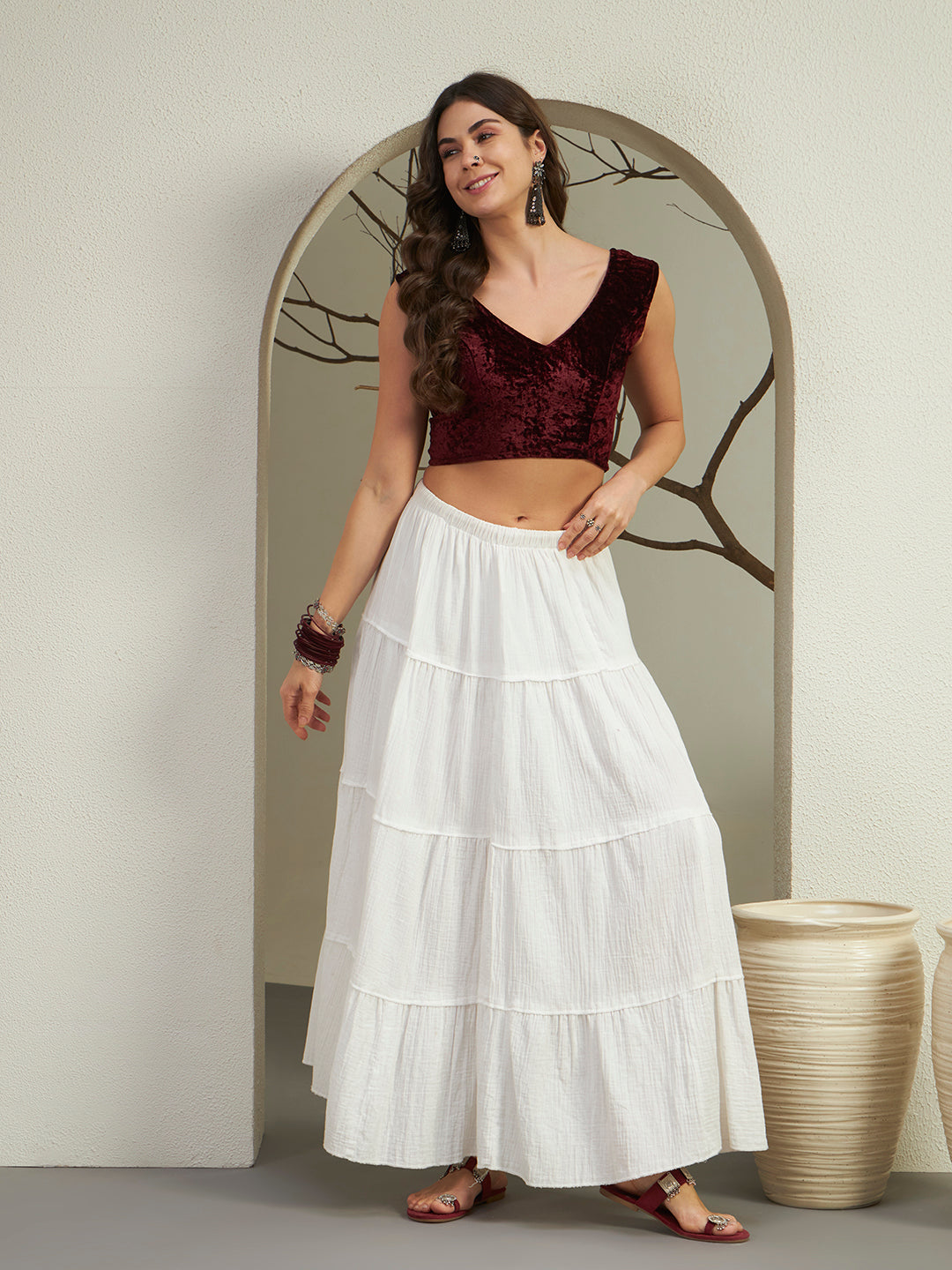 Rich Wine Crushed Velvet Sleeveless V-Neck Blouse