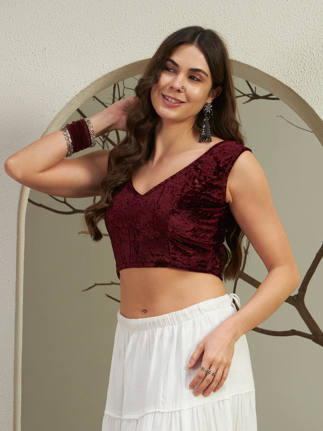 Rich Wine Crushed Velvet Sleeveless V-Neck Blouse