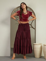 Velvet Square-Neck Crop Top with Flared Sleeves