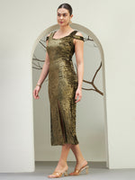 Olive Crushed Velvet Cold-Shoulder Slit Dress