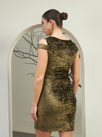 Olive Gold Crushed Velvet Cold-Shoulder Mini Dress