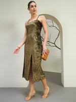 Olive Gold Crushed Velvet Slit Midi Dress