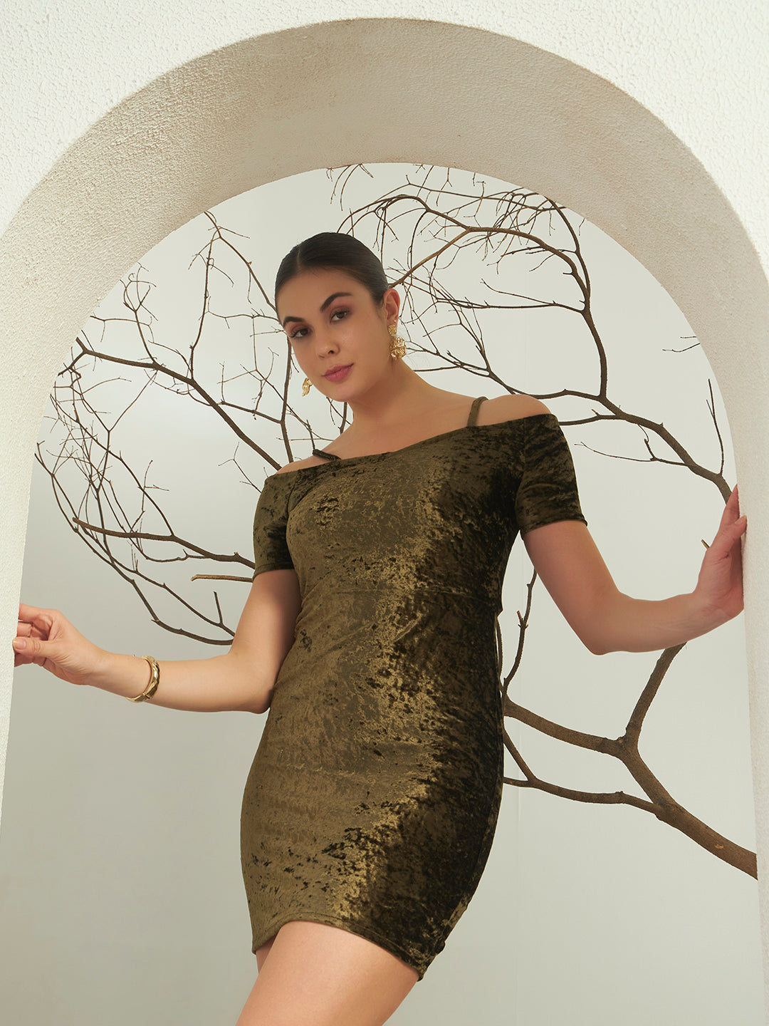 Olive Gold Crushed Velvet Off-Shoulder Mini Dress