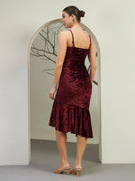 Burgundy Crushed Velvet Asymmetrical Midi Dress