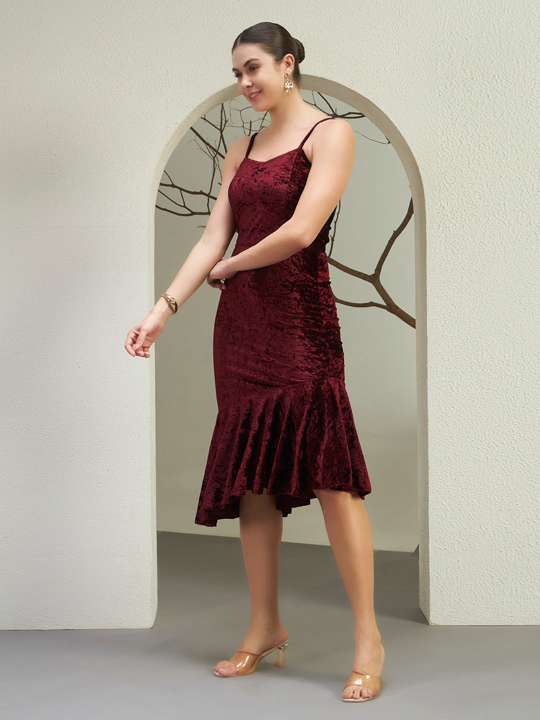 Burgundy Crushed Velvet Asymmetrical Midi Dress