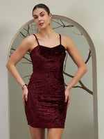 Burgundy Crushed Velvet Bodycon Mini Dress with Adjustable Straps