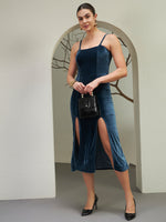 Midnight Navy Velvet Slit Midi Dress