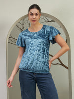 Blue Crushed Velvet Ruffle Sleeve Top