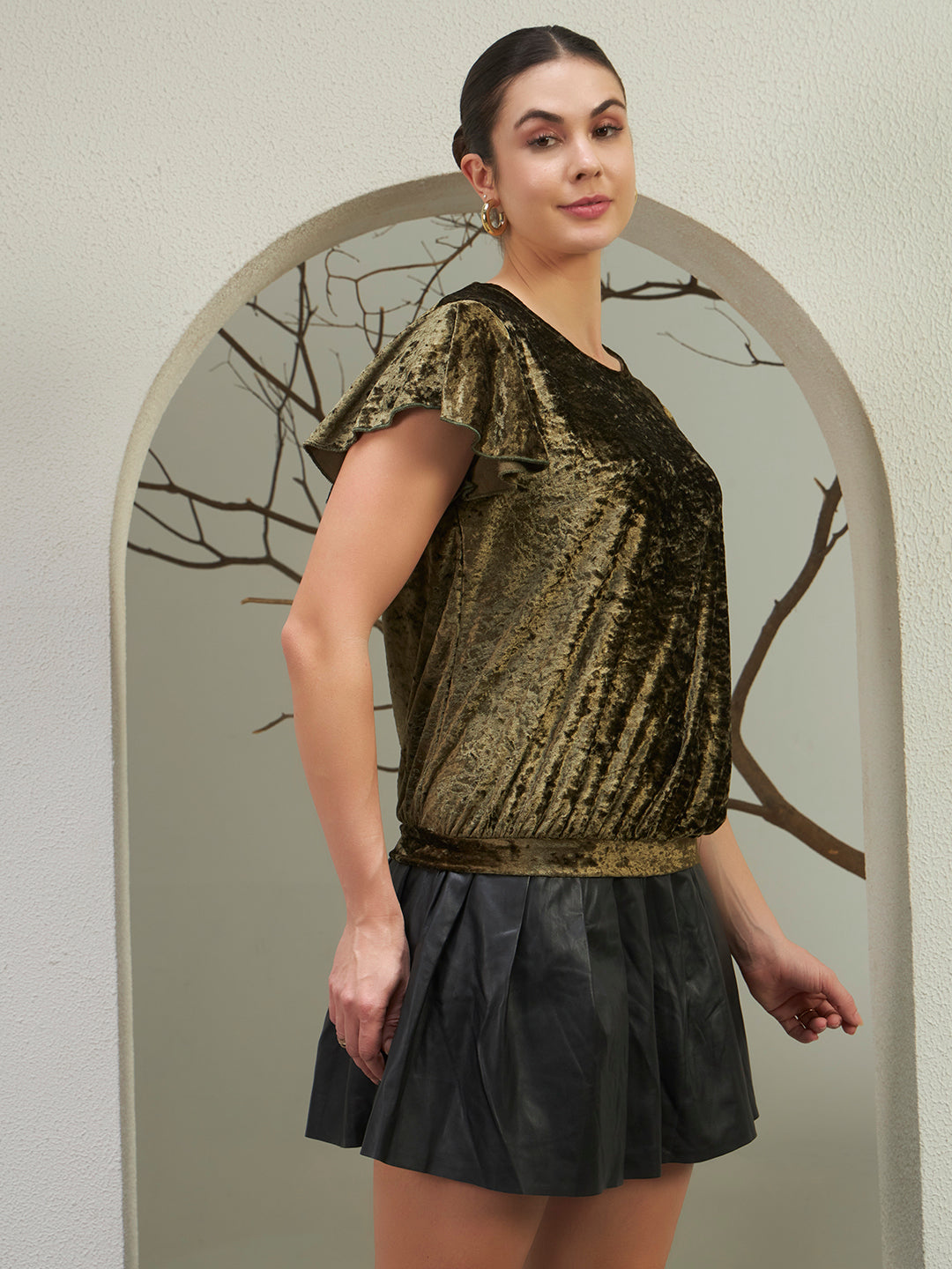 Olive Crushed Velvet Flutter-Sleeve Top