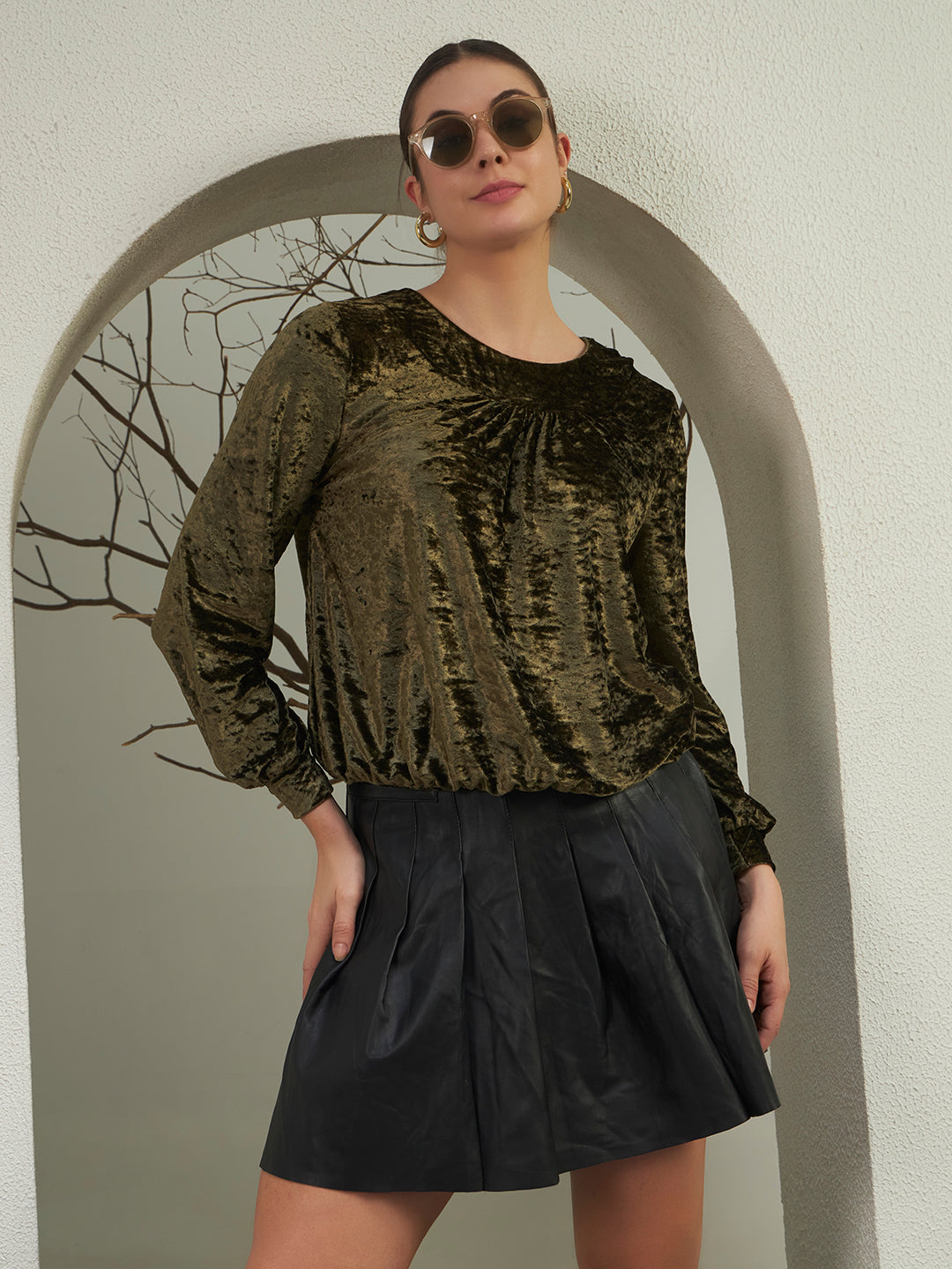 Olive Crushed Velvet Gathered Top