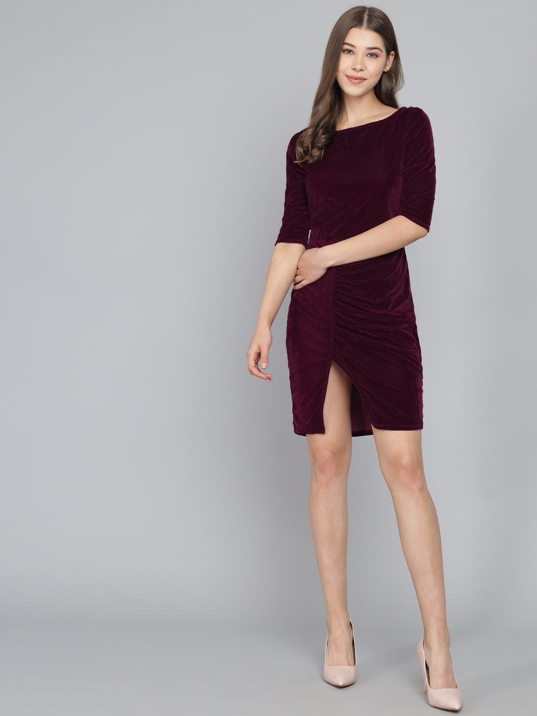 Boat Neck Gathered Surfacing Front Slit Velvet Sheath Dress