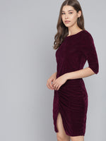 Boat Neck Gathered Surfacing Front Slit Velvet Sheath Dress