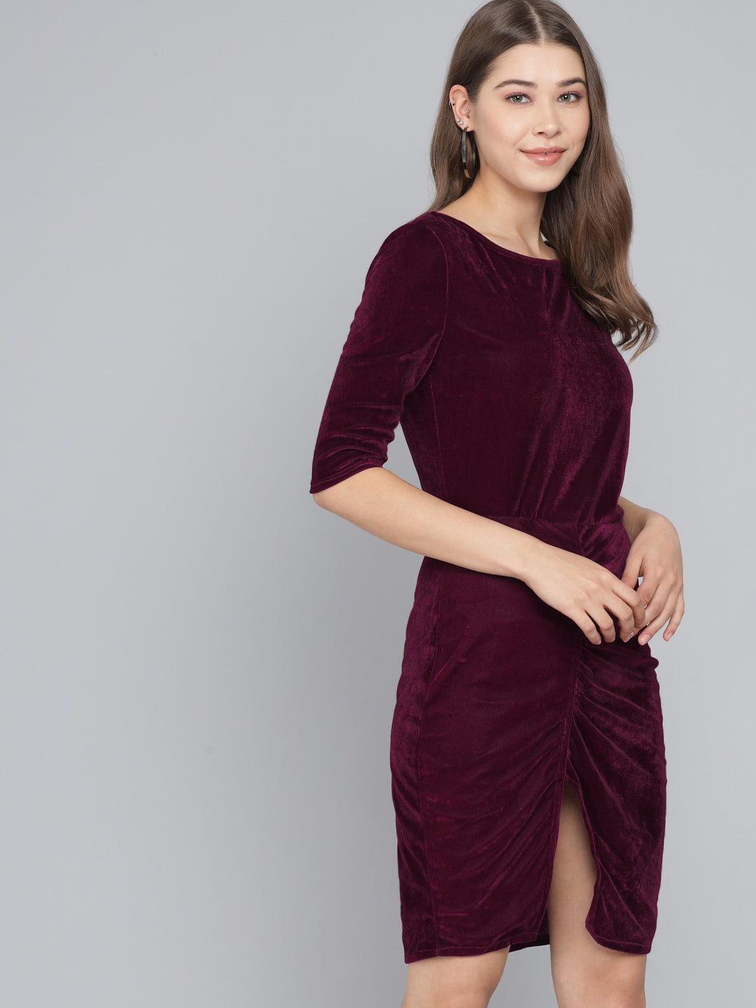 Boat Neck Gathered Surfacing Front Slit Velvet Sheath Dress