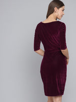 Boat Neck Gathered Surfacing Front Slit Velvet Sheath Dress