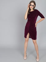 Boat Neck Gathered Surfacing Front Slit Velvet Sheath Dress