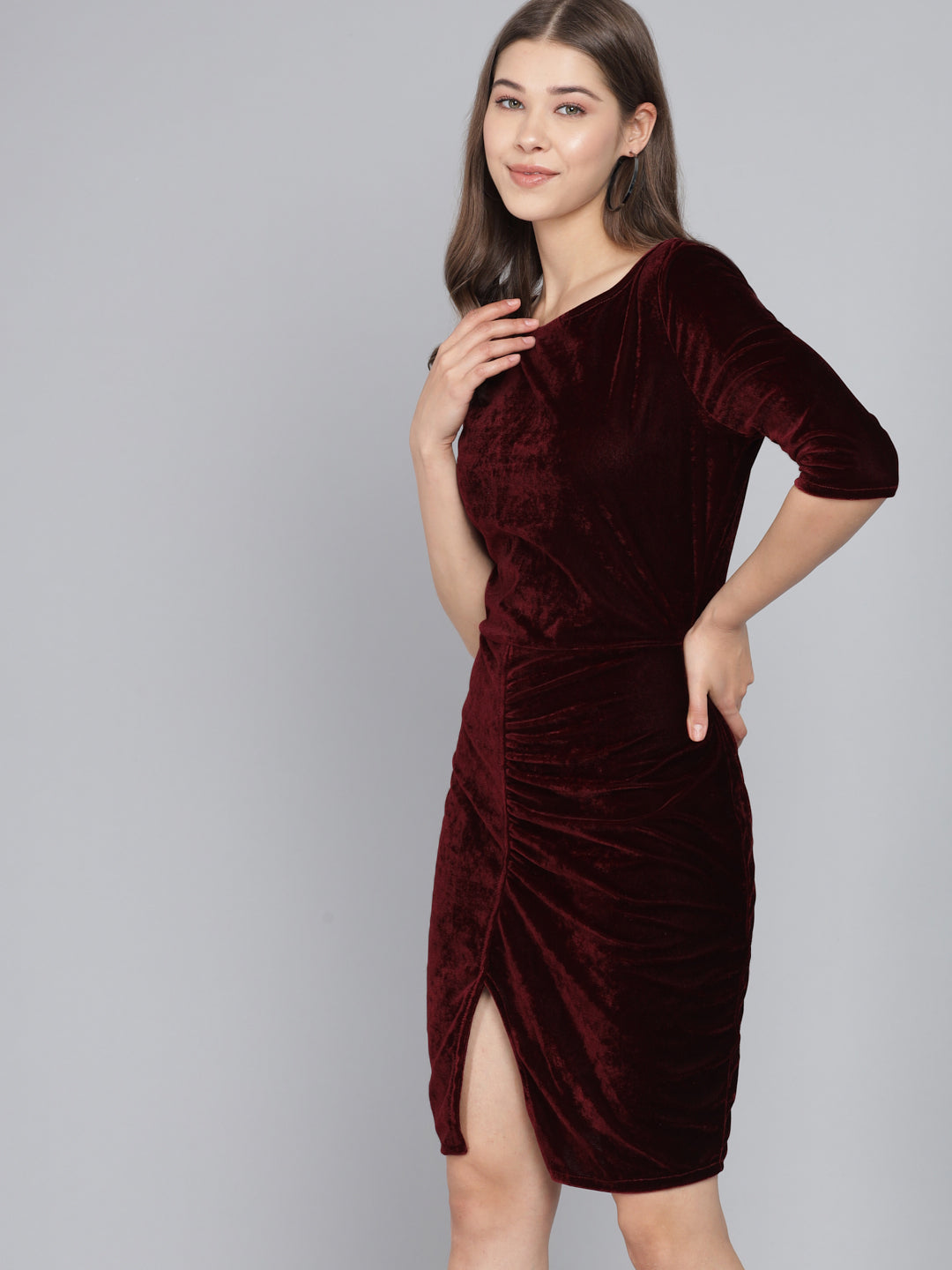 Boat Neck Gathered Surfacing Front Slit Velvet Sheath Dress