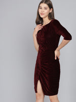 Boat Neck Gathered Surfacing Front Slit Velvet Sheath Dress