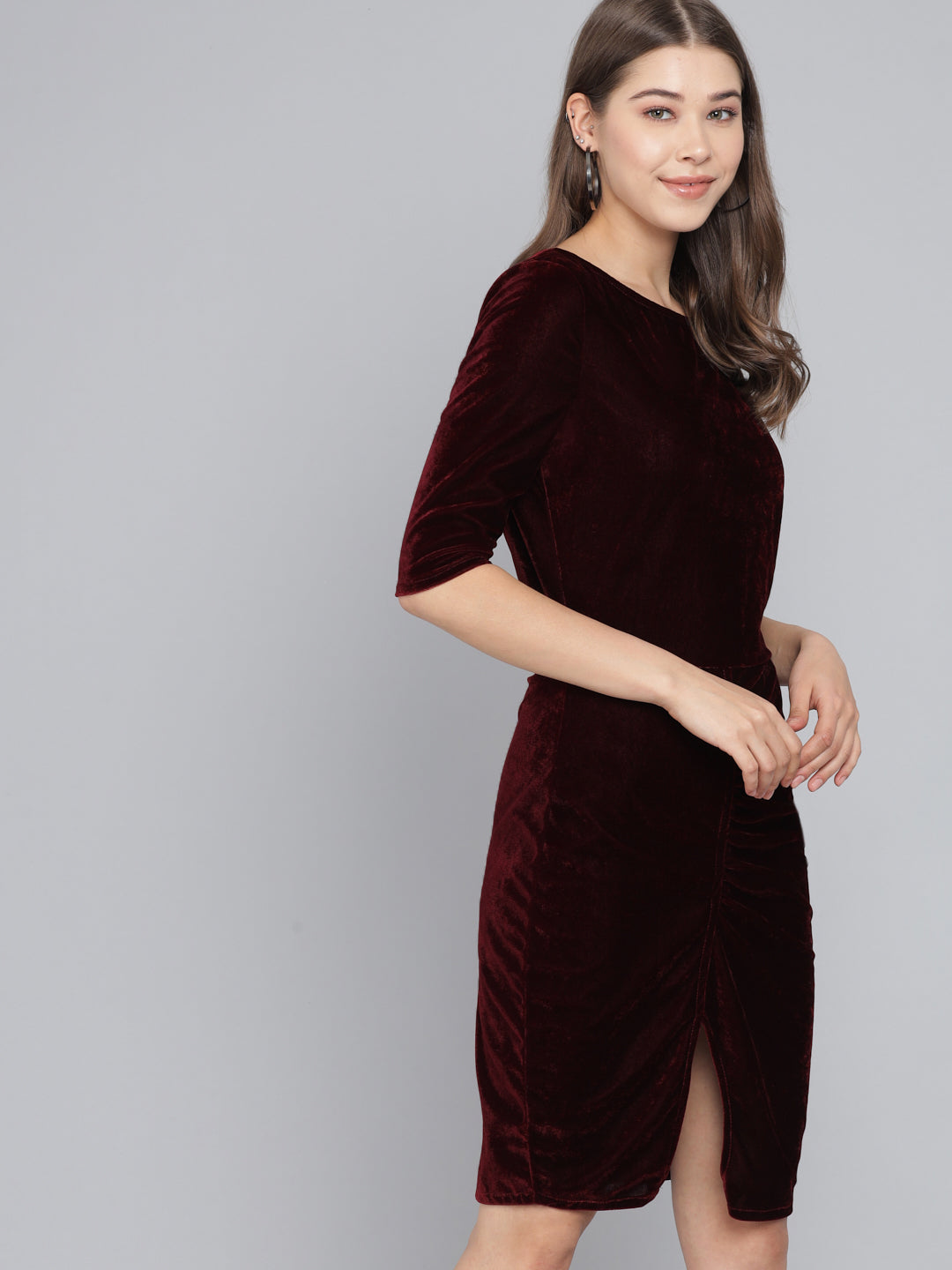 Boat Neck Gathered Surfacing Front Slit Velvet Sheath Dress