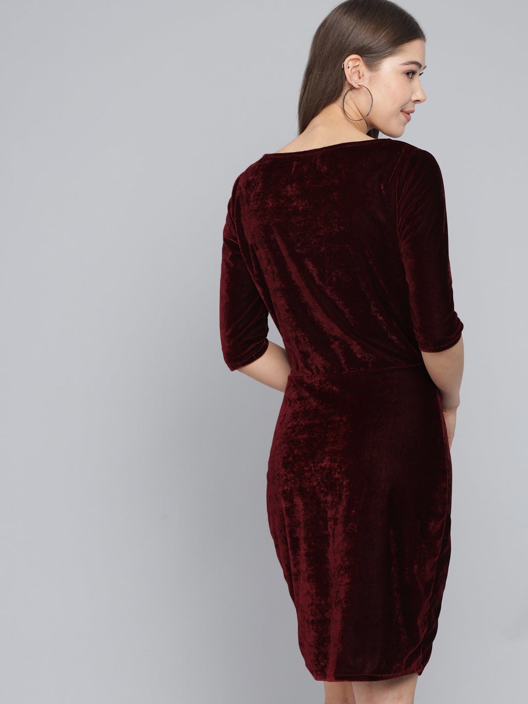 Boat Neck Gathered Surfacing Front Slit Velvet Sheath Dress