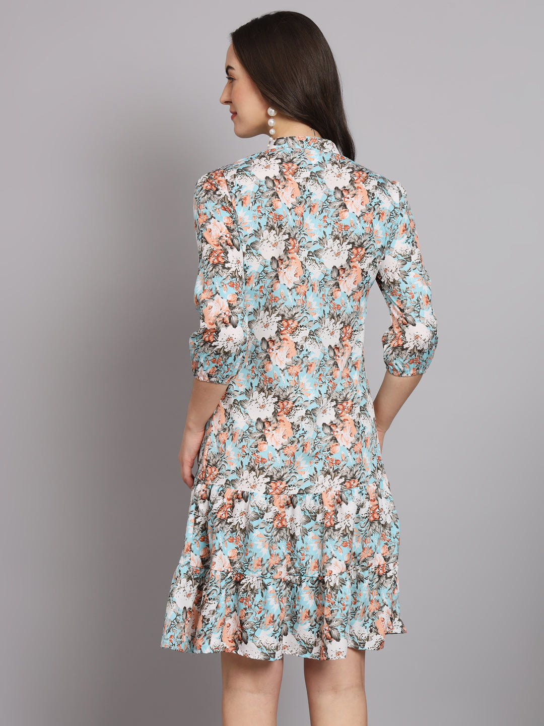 Floral Printed Mandarin Collar A-Line Dress