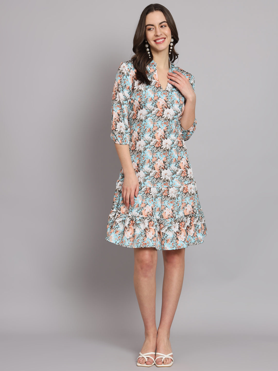Floral Printed Mandarin Collar A-Line Dress