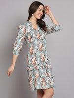 Floral Printed Mandarin Collar A-Line Dress
