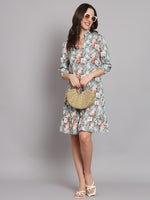 Floral Printed Mandarin Collar A-Line Dress
