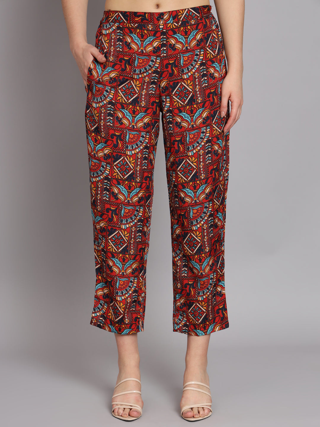 Ethnic Motif Printed Band Collar Top With Trousers Co-Ords