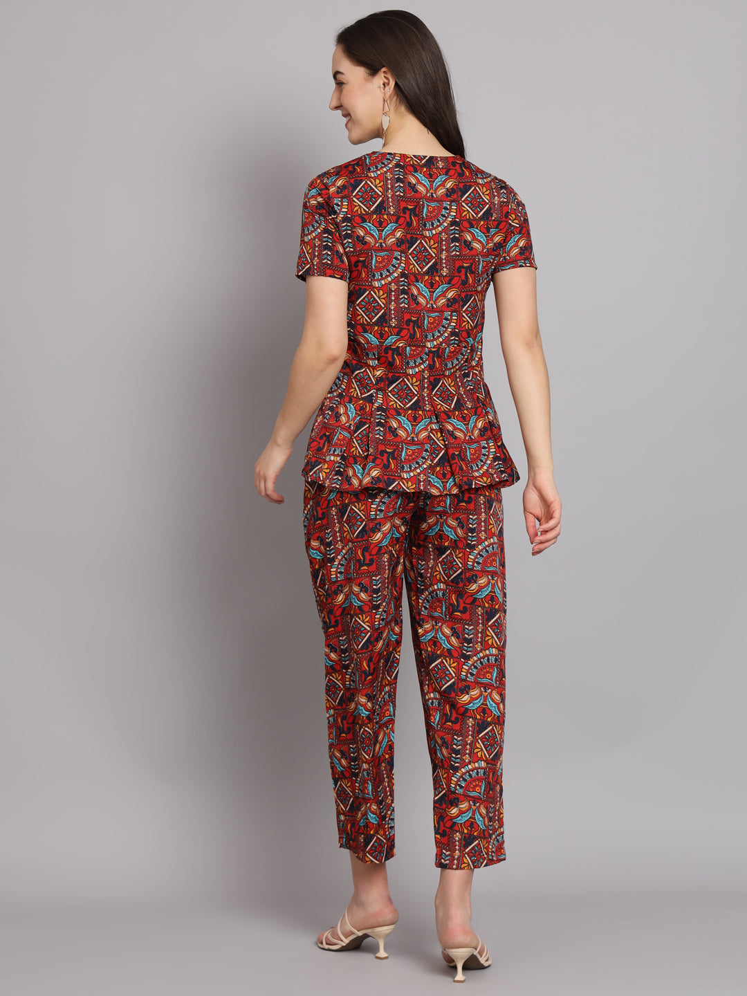 Ethnic Motif Printed Band Collar Top With Trousers Co-Ords