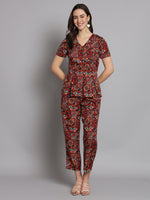 Ethnic Motif Printed Band Collar Top With Trousers Co-Ords