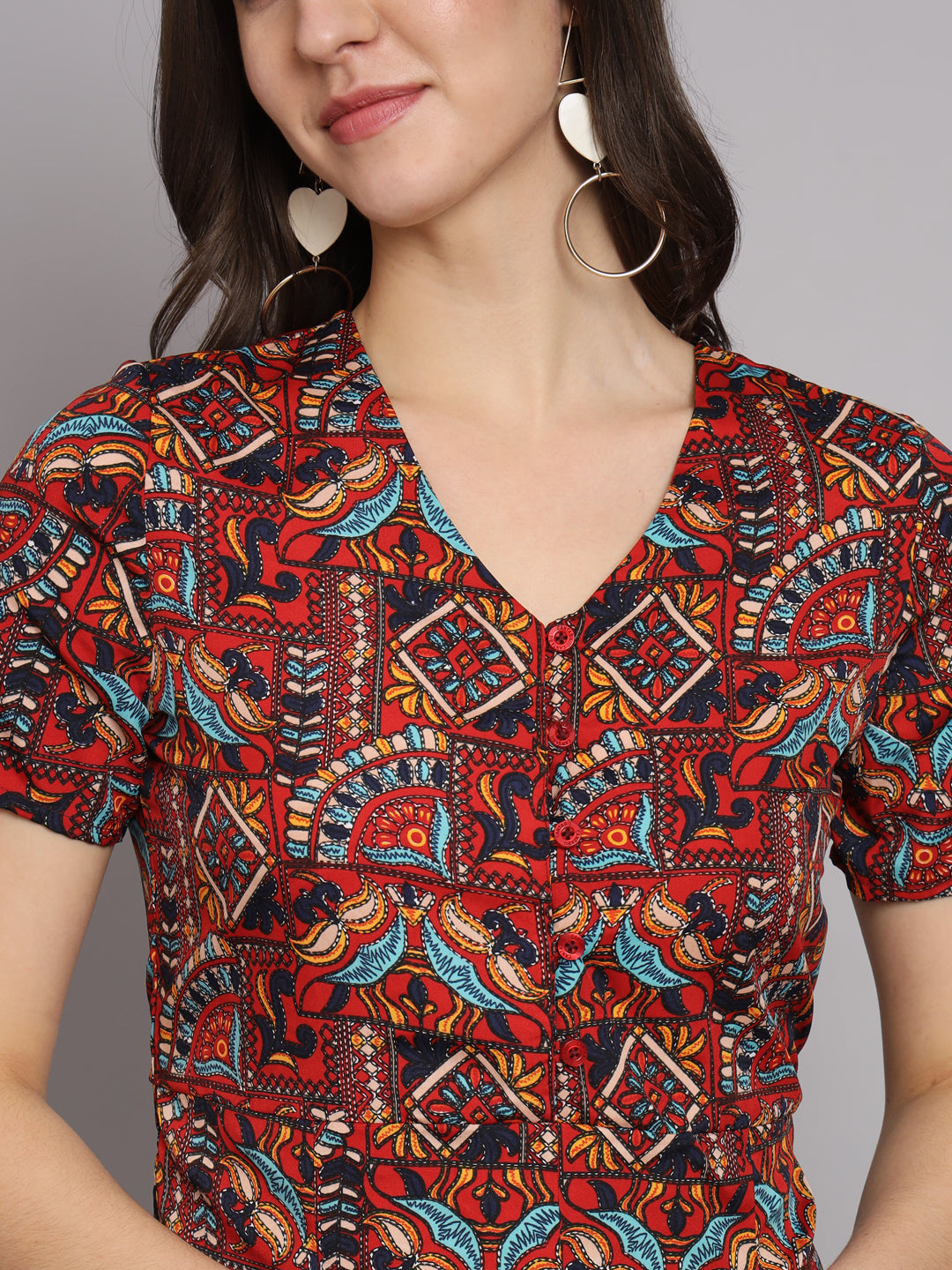 Ethnic Motif Printed Band Collar Top With Trousers Co-Ords