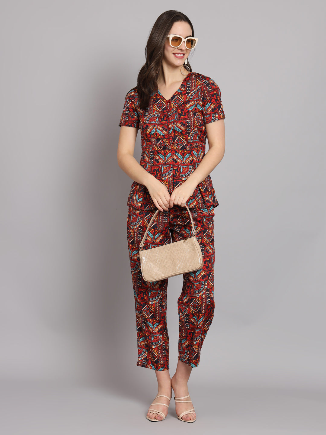 Ethnic Motif Printed Band Collar Top With Trousers Co-Ords