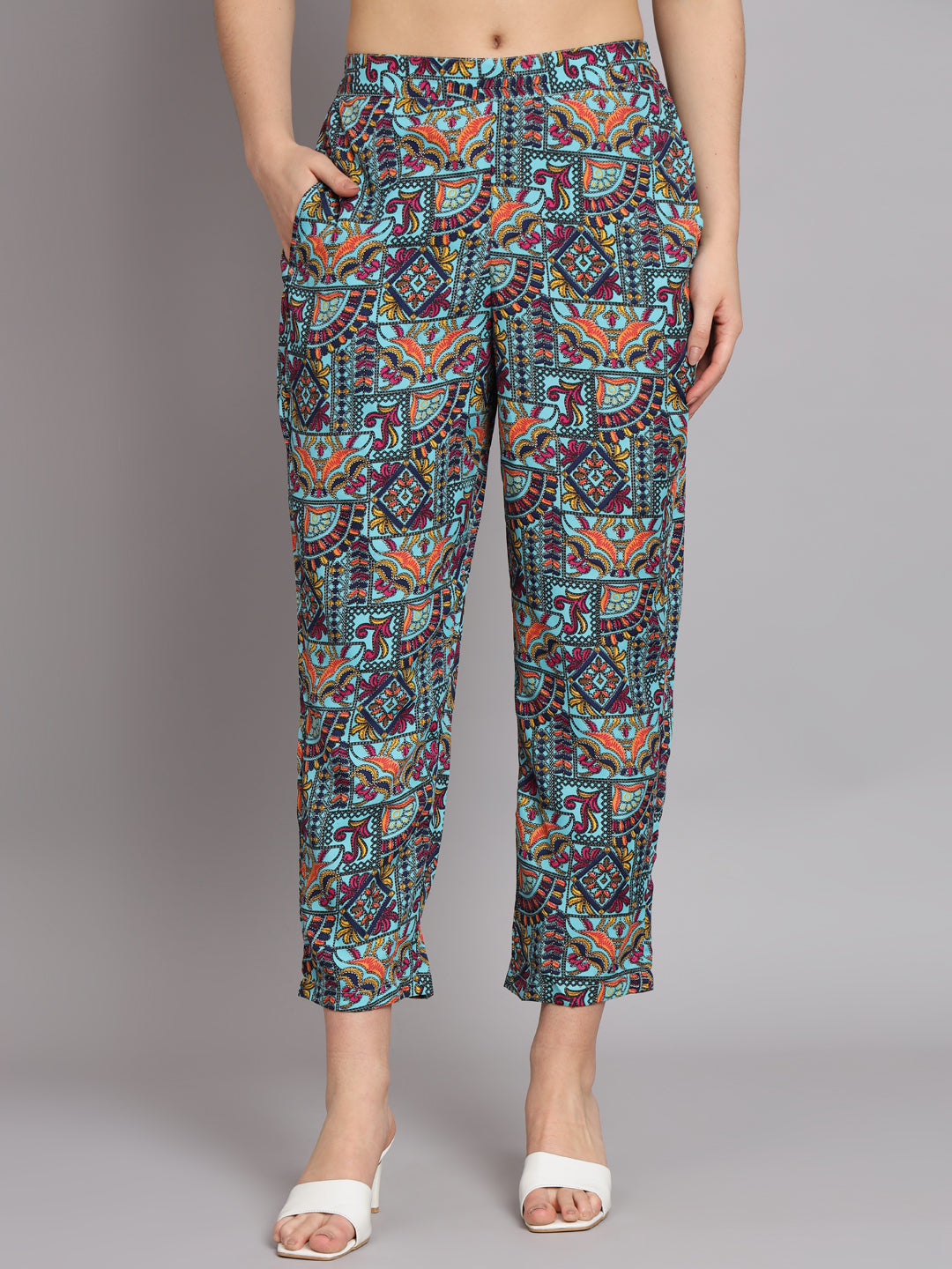 Ethnic Motif Printed Band Collar Top With Trousers Co-Ords