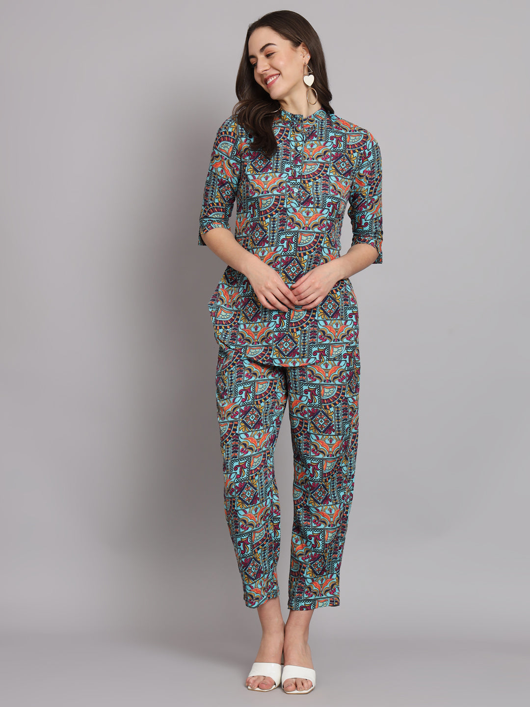 Ethnic Motif Printed Band Collar Top With Trousers Co-Ords
