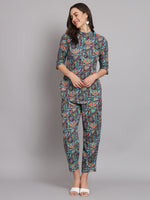 Ethnic Motif Printed Band Collar Top With Trousers Co-Ords