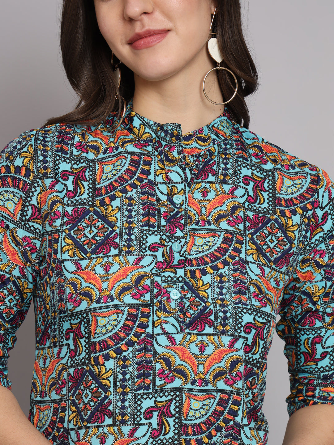 Ethnic Motif Printed Band Collar Top With Trousers Co-Ords